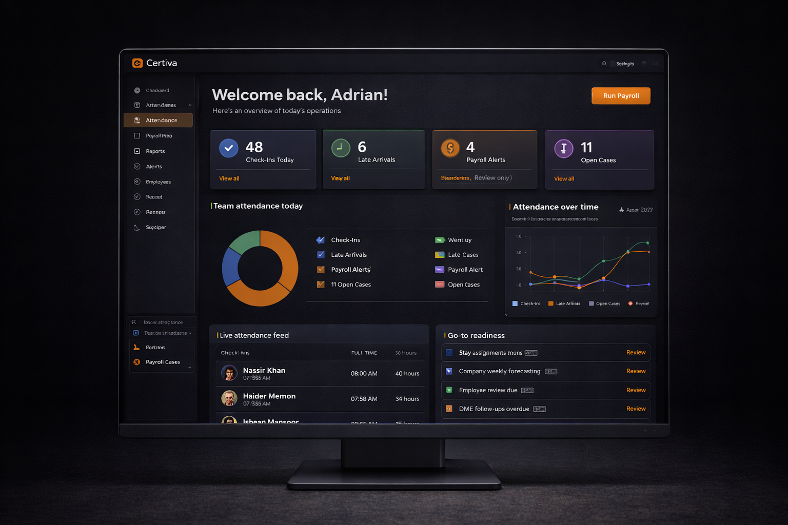 live attendance tracking that flows directly into payroll with no manual reconciliation.